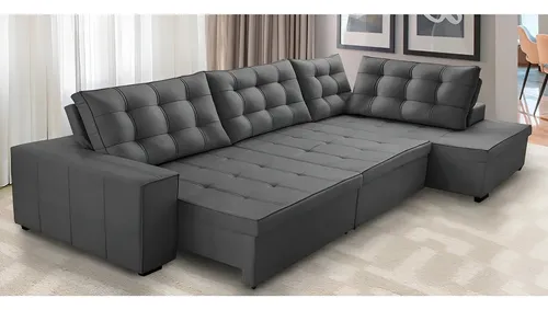 Sofá de Canto Retrátil e Reclinável com Molas 3,40×2,00 Jacke Suede Cinza Adonai Estofados