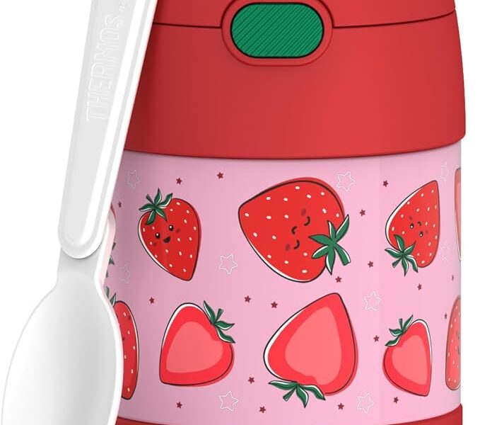 THERMOS FUNTAINER Pote isolado para alimentos, 283 g, pote de comida para crianças com colher dobrável, sorrisos de morango