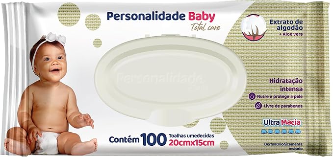 Toalha Umedecida Personalidade Baby Total Care Extrato de Algodão e Aloe Vera Ultra Macia 100 unidades 20cm X 15cm