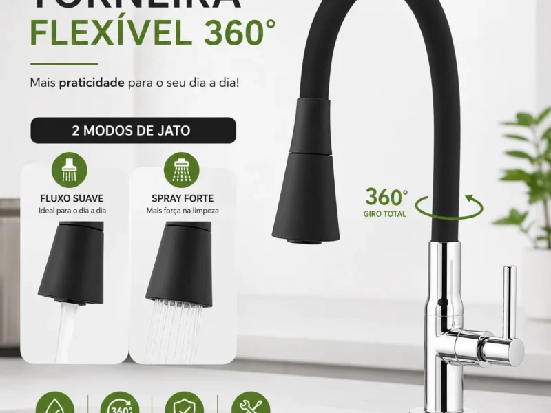 Torneira Gourmet Cozinha Bancada Mesa Pia Cano Inox Flexível 1/4 de volta Saída de água dois modos Rotação 360°