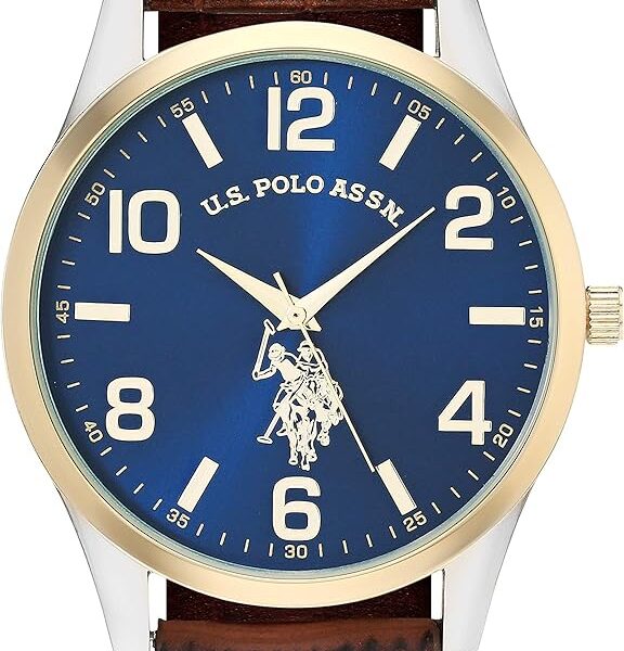 U.S. Polo Assn. Relógio social analógico masculino com mostrador azul Sunray bisel dourado e pulseira de couro sintético marrom – Relógio clássico de quartzo inclui caixa para pulsos de 14 a 20 cm