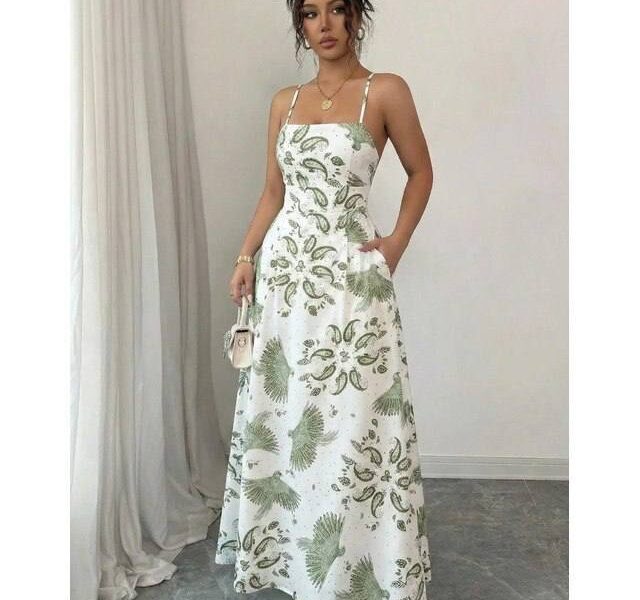 Vestido Longo Feminino Alças Fina Estampa Folhas Moda Verão