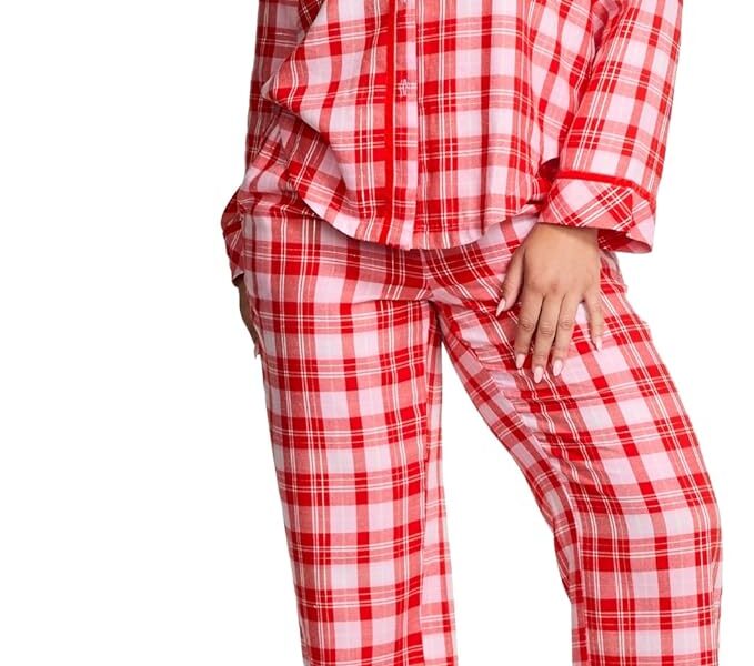 Victoria’s Secret Conjunto de pijama feminino de flanela rosa, camisa e calça de botão de manga comprida, roupa de dormir feminina