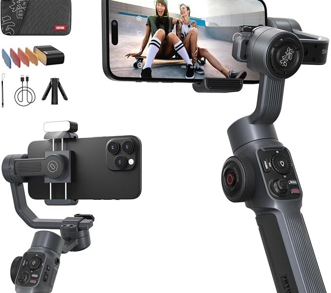 Zhiyun Combo estabilizador de cardan liso 5, Cardan portátil de 3 eixos para smartphone com tripé de aderência Vlog luz de preenchimento de LED para iPhone Android FiLMiC Pro