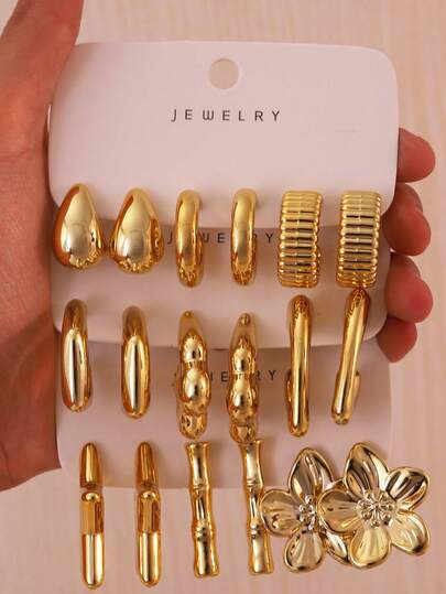 1-9 Pares Conjunto de Brincos de Aço Inoxidável Banhado a Ouro, Estilos Múltiplos, Argola C Lisa, Gota d’Água, Flor, Junta de Bambu, Estrela, Brincos de Metal