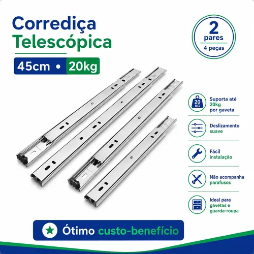 2 Pares Corrediça Telescópica 45cm Trilho Gaveta 20kg