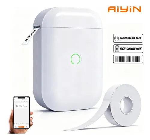 AIYIN Impressora De Etiquetas Portátil Bluetooth + 1 Rolo Papel 203Dpi 1500mAh Etiqueta Impressora Etiqueta Portátil Mini Impressora Compatível Android E Ios Home Escritório Escola Supermercado Branco