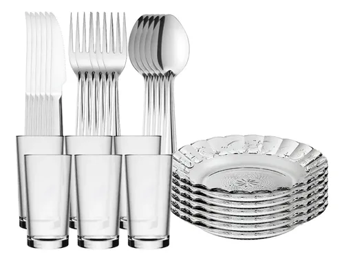 Aparelho De Jantar 30 Peças – Pratos + Copos + Talheres Inox