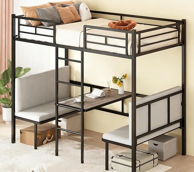 Beliche Multifuncional de Metal com Mesa Conversível em Cama, Cama Loft com Bancos Laterais, Escada Central e Grades de Proteção, Ideal para Quarto Pequeno e Juvenil