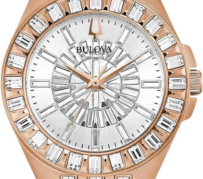 Bulova Relógio feminino de quartzo com pulseira de aço inoxidável, ouro rosa, 18 (modelo: 98L268)