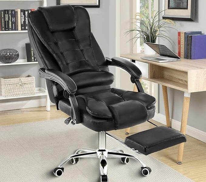 Cadeira de escritório presidente, cadeira de home office com apoio para os pés e encosto ajustável（Preto）