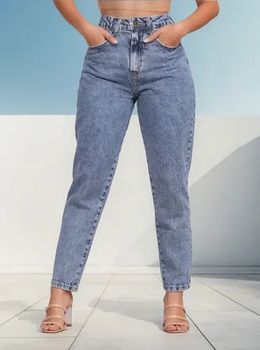 Calça Mom Jeans Feminina Cintura Alta Marmorizada