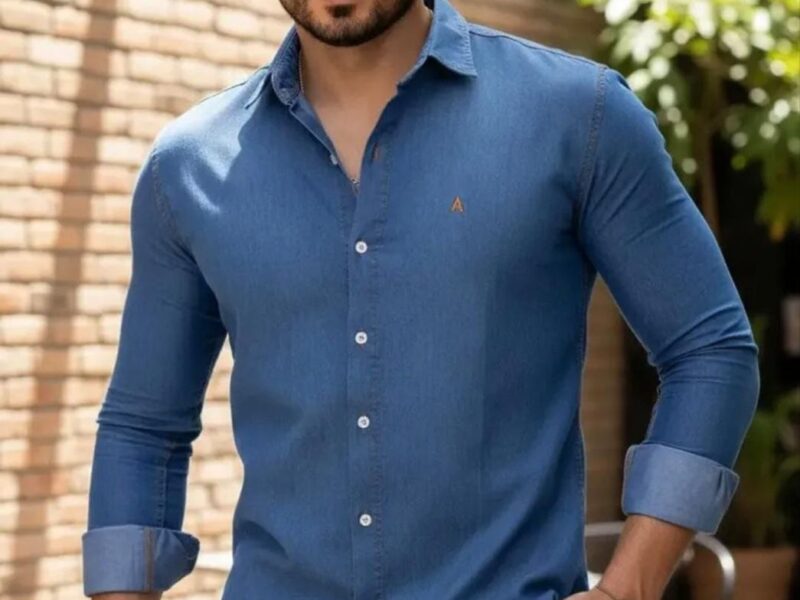 Camisa Jeans Manga Longa Masculina Social Slim