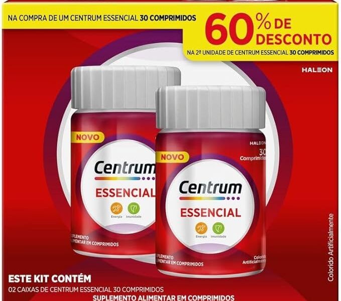 Centrum Essencial Multivitamínico Diário, com Complexo B, Vitamina D, e Magnesio, 2 Frascos com 30 Comprimidos cada