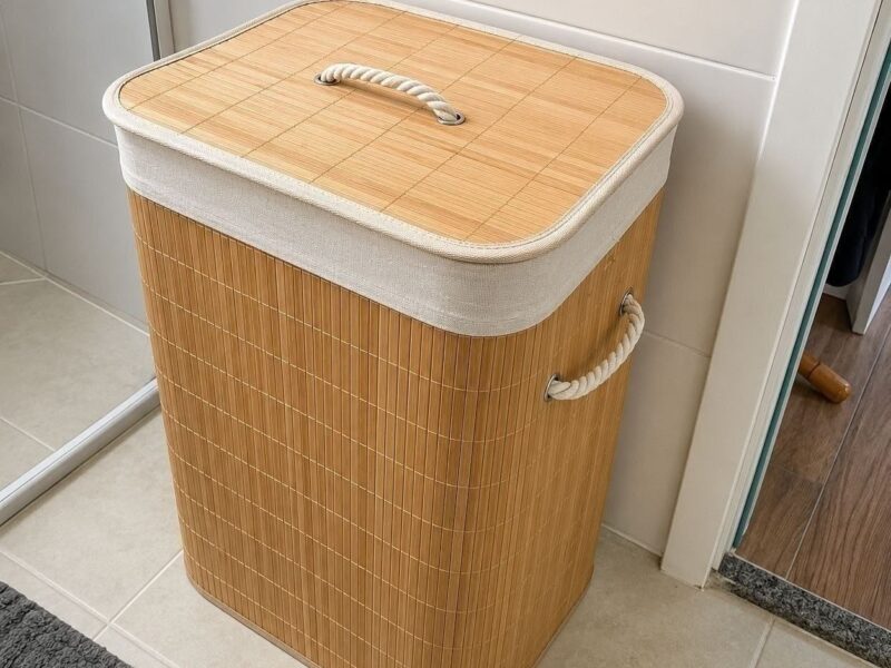Cesto De Roupa Suja De Bambu Com Tampa E Alças 50 Litros Kontuz