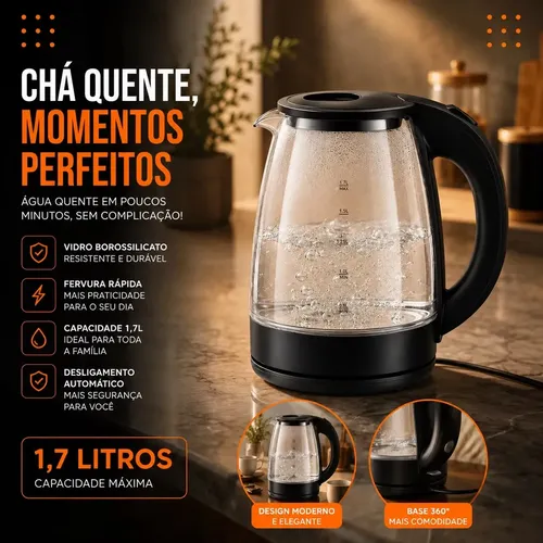 Chaleira Elétrica de Vidro 1,8 Litros Aquecimento Rápido Desligamento Automático Jarra Transparente Resistente Tampa de Fácil Abertura Ideal para Café Chá Leite e Bebidas Quentes Hold On na Meli por R$ 59,00