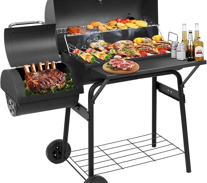 Churrasqueira a carvão com defumador offset, churrasqueiras com mesa lateral, cozinha ao ar livre com 714 polegadas quadradas, piqueniques de acampamento no quintal, pátio e festas, preto por DNKMOR
