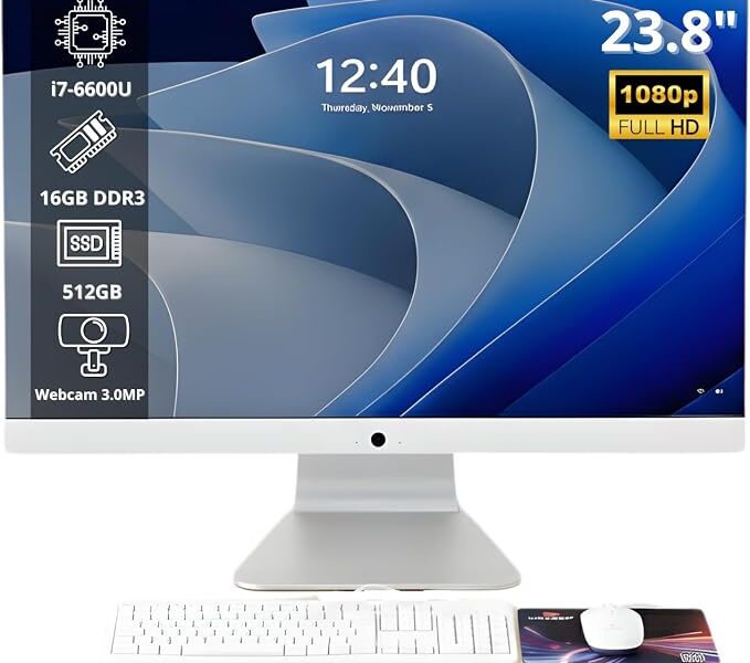 Computador All in One 23.8″ Full HD Intel Core i7-6600U, SSD M.2 512GB, 16GB RAM, Wi-Fi Dual Band, Saídas HDMI/VGA, Alto-Falantes e Webcam Integrados com Teclado e Mouse