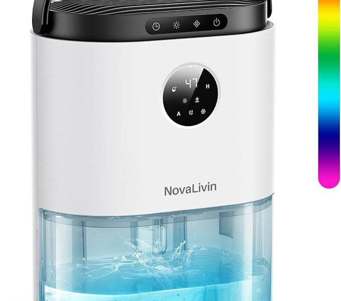 Desumidificador para casa, desumidificadores com tanque de água de 2 L para banheiro, quarto, sala de estar, com controle automático de umidade, display digital, luz de respiração de 7 cores, branco