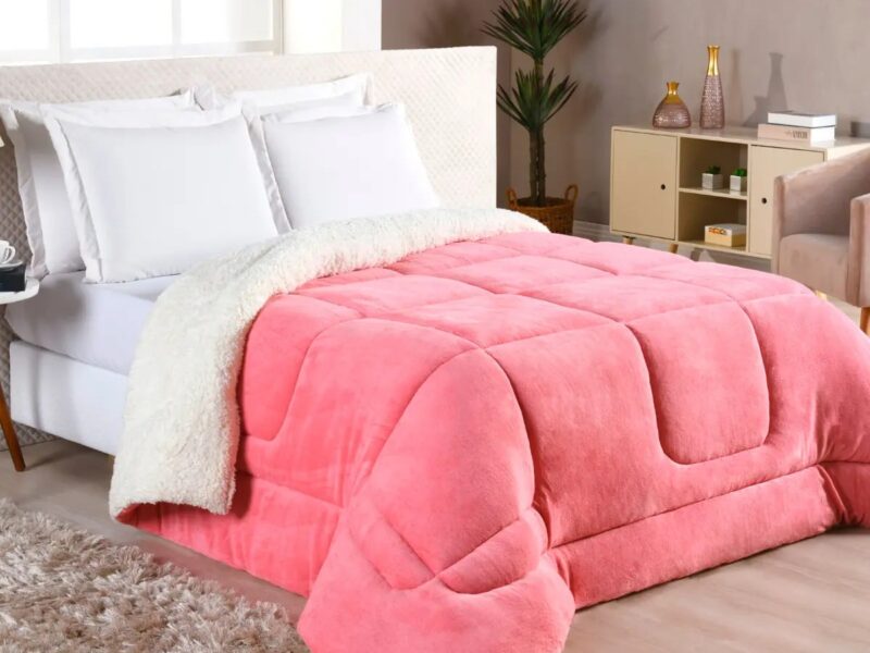Edredom Sherpa Cobertor e Coberdrom Casal Queen Rose Super Quente Casa Laura Enxovais