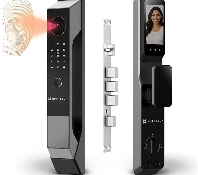 Fechadura Eletrônica Digital Inteligente Com Biométrica Senha Wi-fi Reconhecimento Facial 3d Face ID Kuanttum Omega