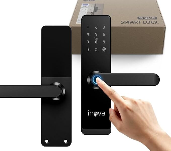 Fechadura inteligente para porta com biometria e teclado digital (preta); conta com alarmes inteligentes, segurança antifurto e bateria de longa duração