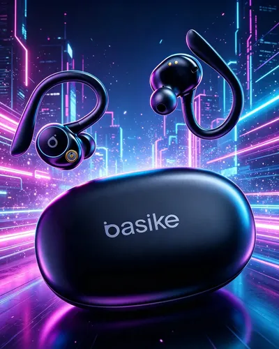 Fone de Ouvido Bluetooth 5.4 TWS com Ear Clip e Gancho, Som HiFi Graves Potentes e 3D, 50h Bateria e Carga Rápida, ENC Cancelamento de Ruído, IPX6 à Prova d&quotÁgua – Ideal para Academia e Corrida Basike