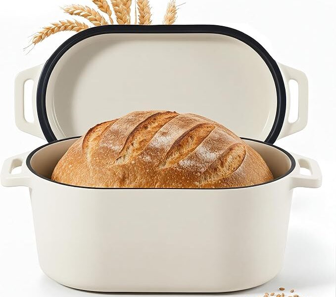 Forno holandês para assar pão, forno holandês de 3,4 litros para fermento, forno de pão esmaltado com tampas, bege