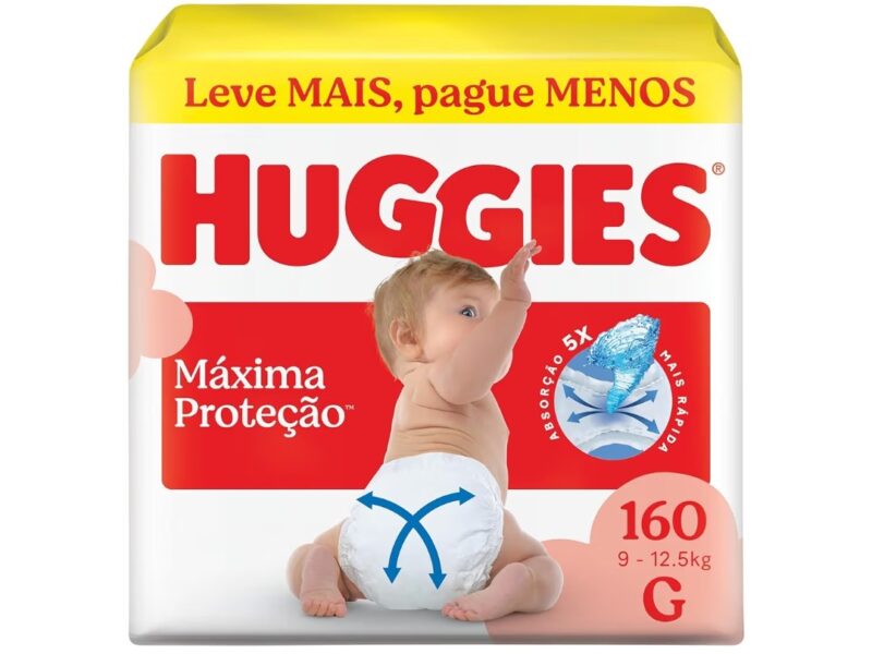 Fralda Descartável Huggies Máxima Proteção Tamanho G 160 unidades – aberta com tecnologia Xtra-Flex, canais em X que se adaptam aos movimentos e máxima proteção