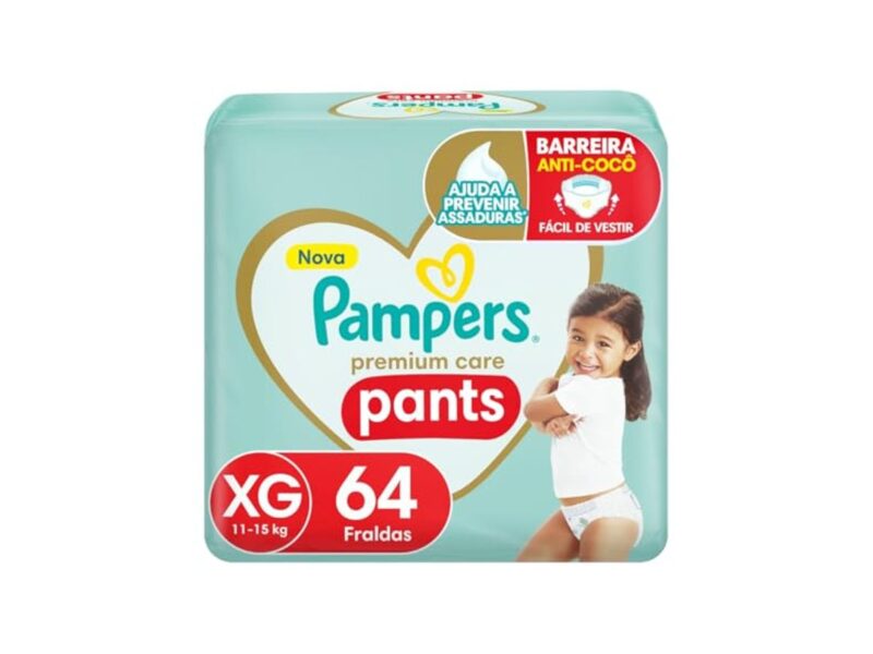 Fralda Pampers Premium Care Pants Tamanho XG, Fácil de Vestir, 64 Unidades