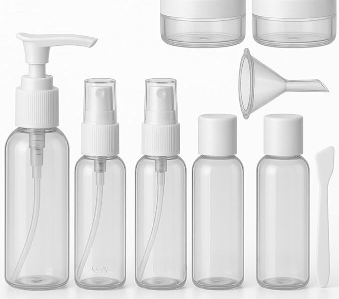 Frascos para Viagem Kit 9 Peças com Estojo Transparente Ideal para Shampoo Condicionador Sabonte Líquido Cremes Hidratante com Funil para Encher Recipientes Cosméticos (Branco)