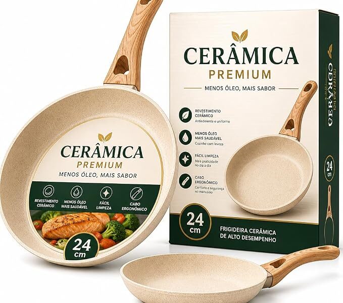 Frigideira Cerâmica Antiaderente 24cm com Cabo de Madeira | Não Gruda, Menos Óleo, Alta Resistência, Uso Culinário, 24cm na Link por R$ 39,97
