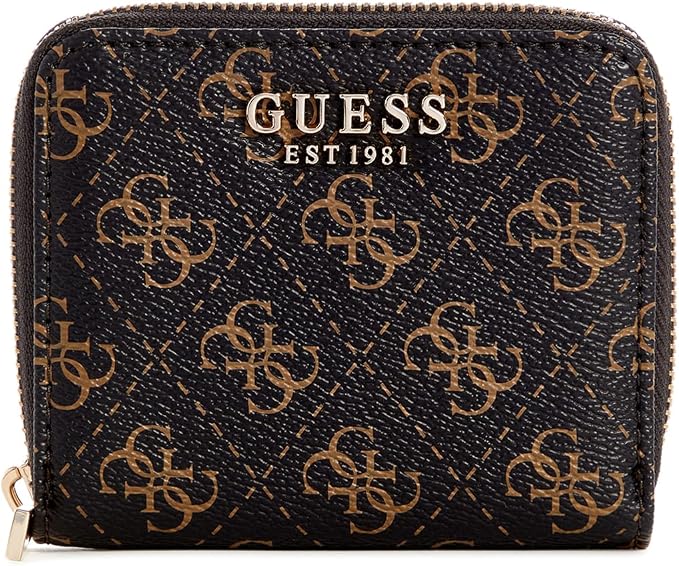 GUESS Carteira Laurel com zíper pequeno, logotipo marrom, Logotipo marrom, One Size