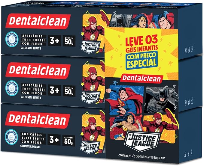 Gel Dental Infantil Dentalclean 50g com Flúor Pack com 3 Unidades, Heróis
