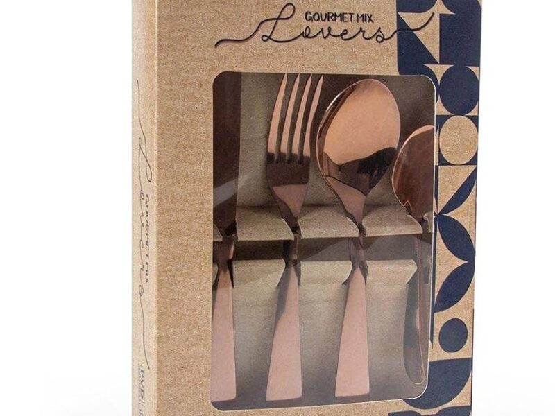 Gourmet Mix Jogo de Talheres 16 Peças Lovers Rose Gold Faqueiro Aço Inox Premium Mesa Posta Luxo