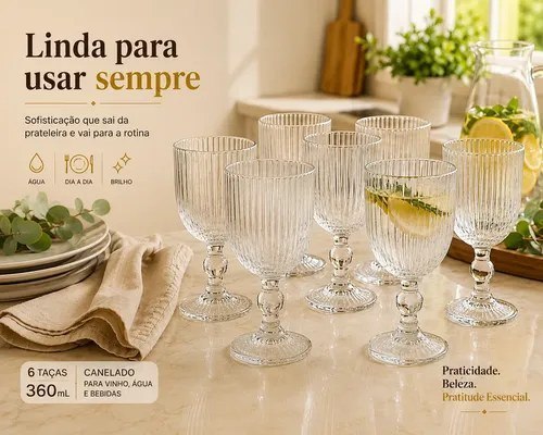 Jogo 6 Taças De Vidro Canelado 360ml Transparente Lapidado