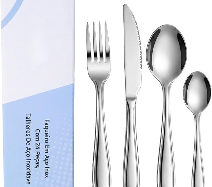 Jogo de Talheres 24 Peças em Aço Inox — Faqueiro para Mesa Posta, Cozinha, Almoço | Conjunto para o Jantar e Uso Diário | Kit com Facas de Mesa, Garfos, Colheres de Mesa e Colheres de Chá na Link por R$ 49,26