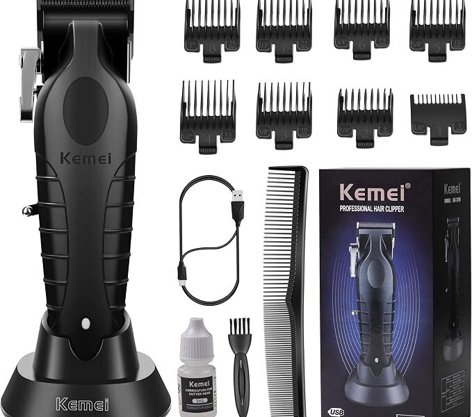 KEMEI 2296 Aparadores de cabelo profissionais para homens, kits de corte de cabelo sem fio | Aparador de cabelo e barba, cortador de barbeiro com lâmina T com USB recarregável, preto