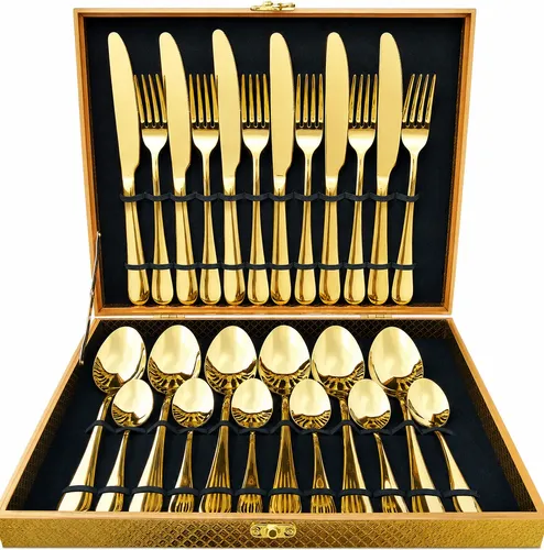 Kit 24 Talheres Luxo Premium Faqueiro Dourado Com Maleta