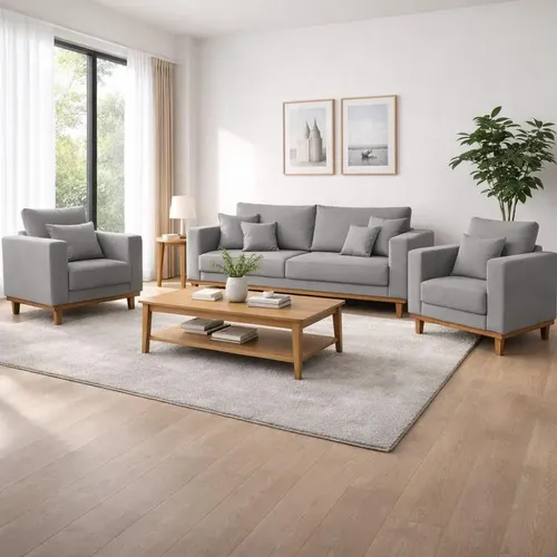 Kit 2 Poltronas Living + Sofá 3 Lugares Base Madeira Linho