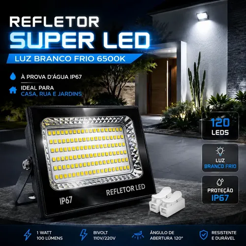 Kit 2 Refletor Super Led 400w Ip67 Holofote Bivolt Prova D&quotágua Branco Frio 6500k Preto