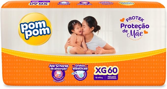 Kit 3 Pacotes Fralda Descartável Infantil Pom Pom Derma Hiper XG 180 uni