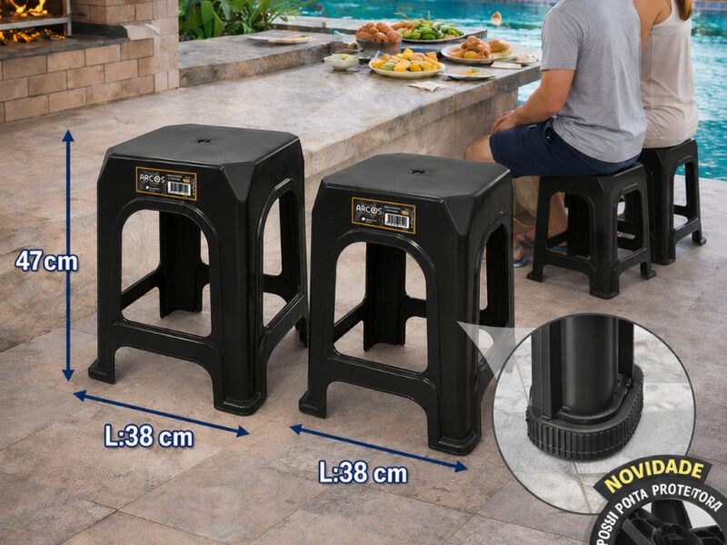 Kit 4 Banquetas Plástica ARCOS Preta Lisa Reforçada Resistente Até 140kg Cozinha Balcão Imediato