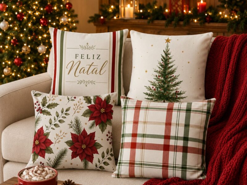 Kit 4 Capas Almofada Digital Decorativa De Natal 43×43 Cm