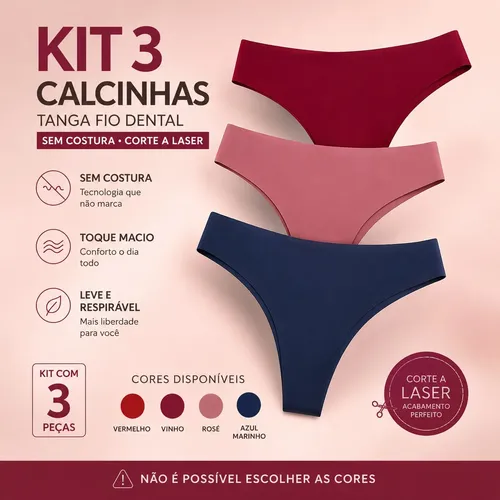 Kit Com 3 Calcinhas Tanga Fio Dental Sem Costura Laser