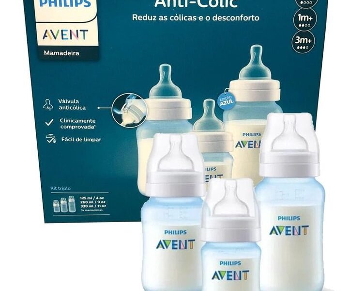 Kit Triplo Mamadeira Anti-Colic Philips Avent 125ml + 260ml + 330ml Azul