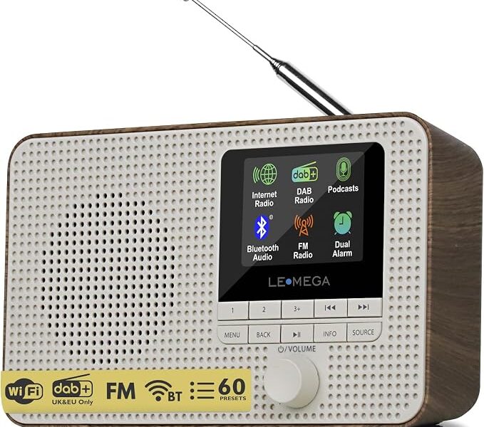 LEMEGA Rádio portátil de internet WiFi IR1, rádio digital FM, Bluetooth, relógio de alarmes duplo, temporizador de soneca para dormir, 40 predefinições, saída de fone de ouvido, tela colorida, baterias ou alimentação principal – Nogueira