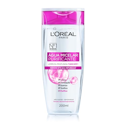 L’Oréal Paris, Água Micelar Solução de Limpeza 5 em 1 Limpa, Demaquila, Purifica, Suaviza e Reequilibra, Cuidado Diário Multifuncional para Todos os Tipos de Peles 200ml