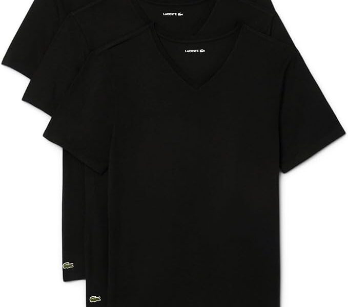 Lacoste Camiseta masculina 100% algodão slim fit gola V pacote com 3