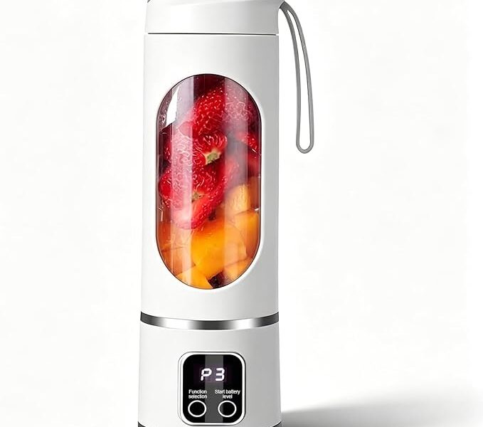 Liquidificador Portátil 500ml, Mixer Pessoal USB Recarregável com 3 Velocidades, 12 Lâminas de Aço Inoxidável para Sucos e Smoothies, Display Digital e Tampa à Prova de Vazamentos, Cor Branca